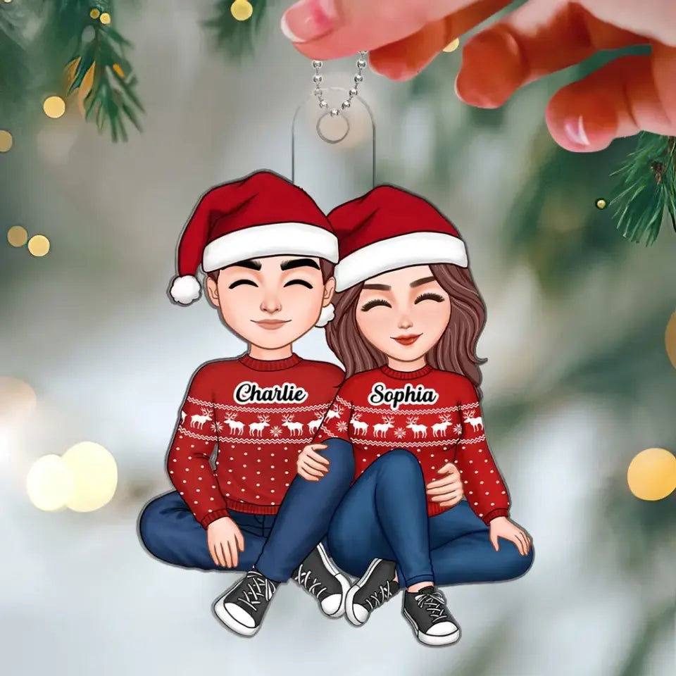 Christmas Cute Couple Sitting Hugging Personalized Acrylic Ornament