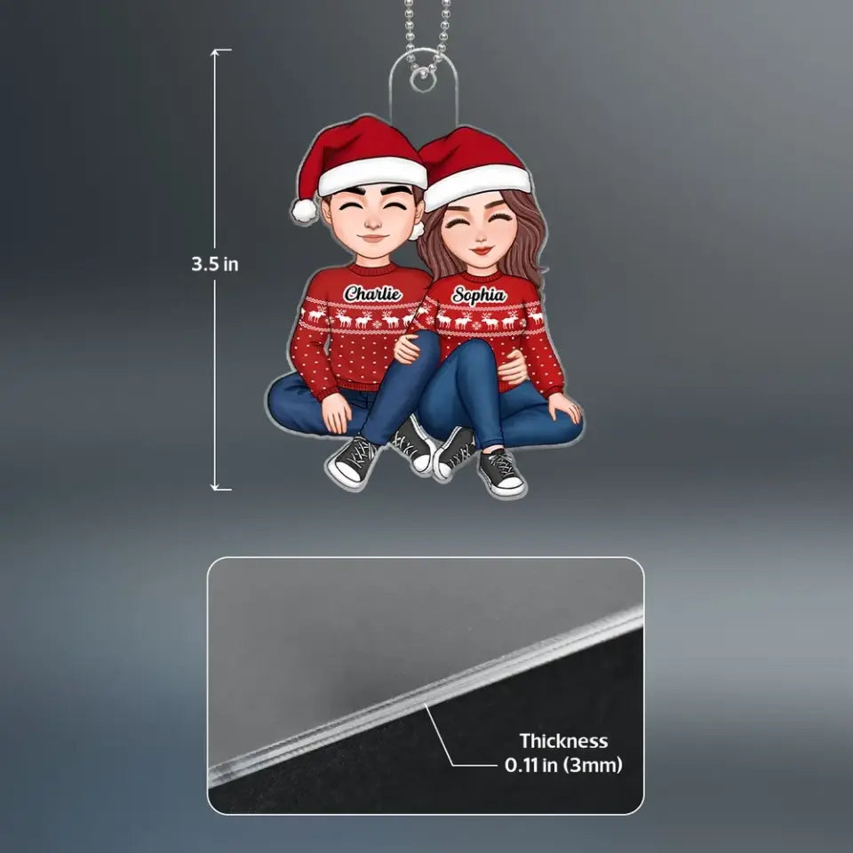 Christmas Cute Couple Sitting Hugging Personalized Acrylic Ornament