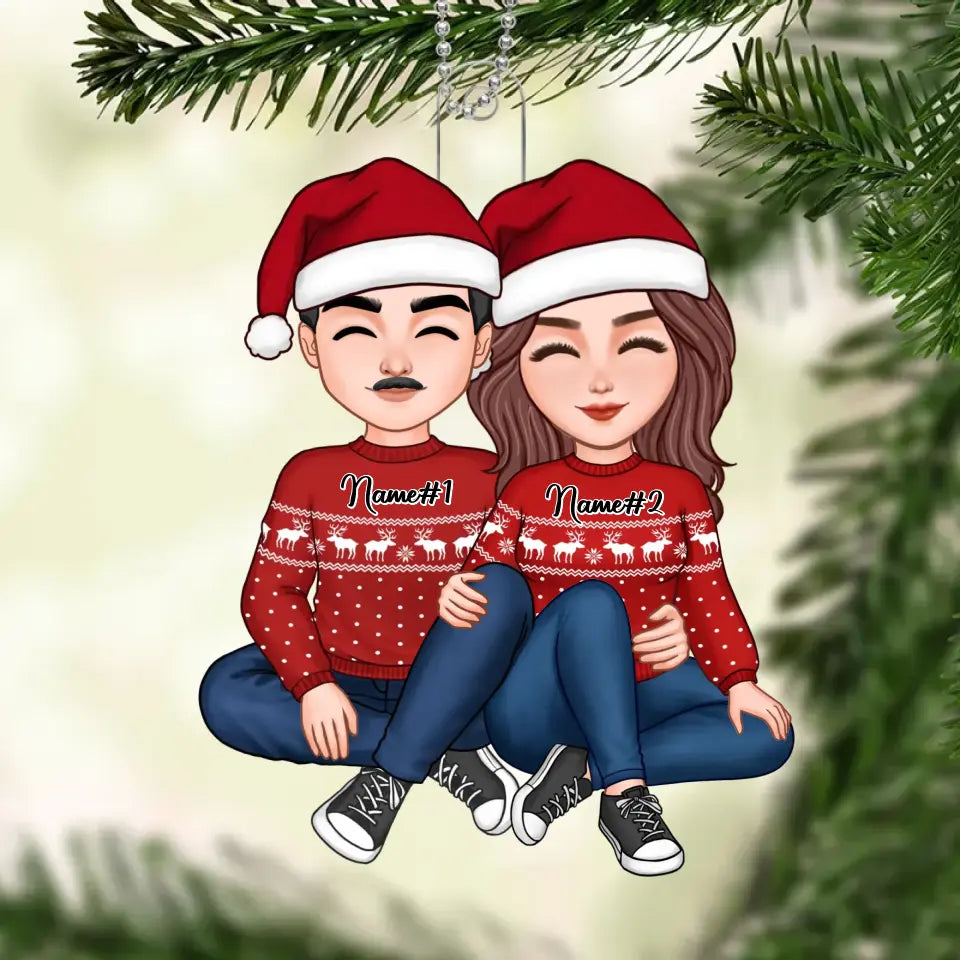 Christmas Cute Couple Sitting Hugging Personalized Acrylic Ornament