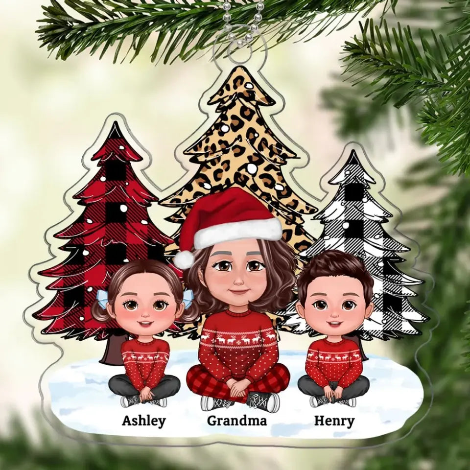 Leopard Checkered Pattern Christmas Tree Grandma Grandkids Personalized Acrylic Ornament