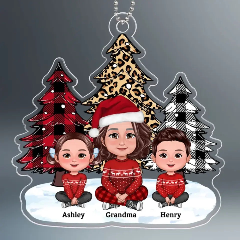 Leopard Checkered Pattern Christmas Tree Grandma Grandkids Personalized Acrylic Ornament