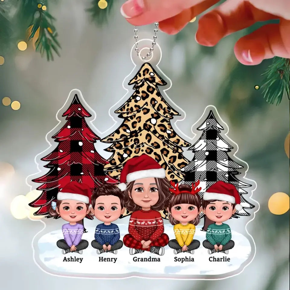 Leopard Checkered Pattern Christmas Tree Grandma Grandkids Personalized Acrylic Ornament