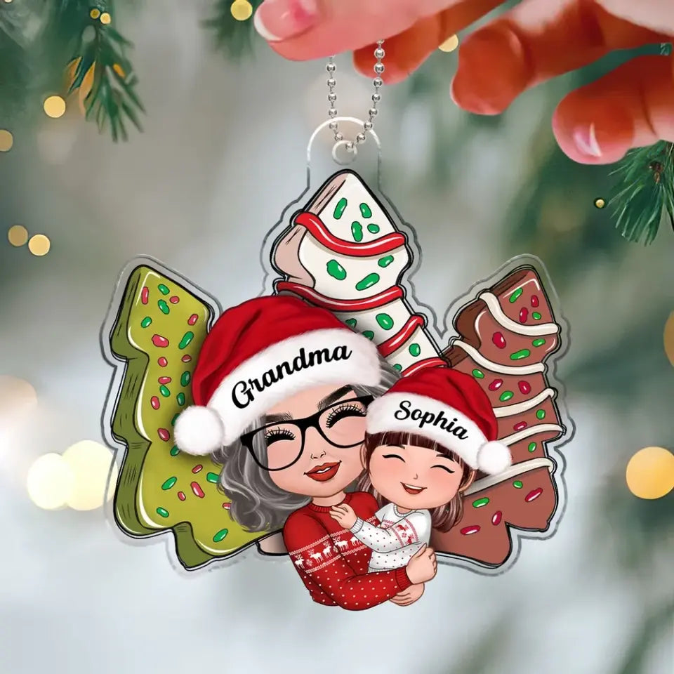 Grandma Holding Grandkid Christmas Tree Cake, Gift For Granddaughter Grandson, Personalized Acrylic Ornament