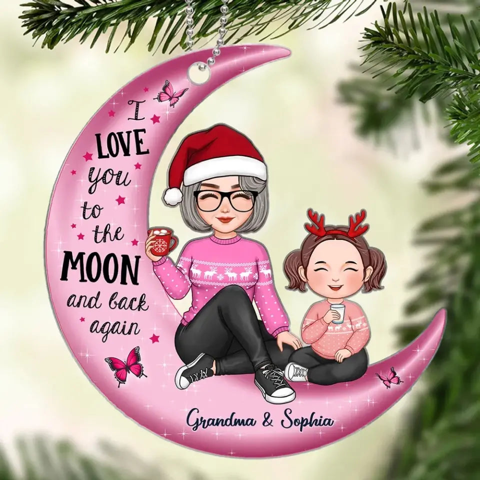 Cute Grandma Grandpa & Grandkid On Pink Moon Christmas Gift Personalized Acrylic Ornament