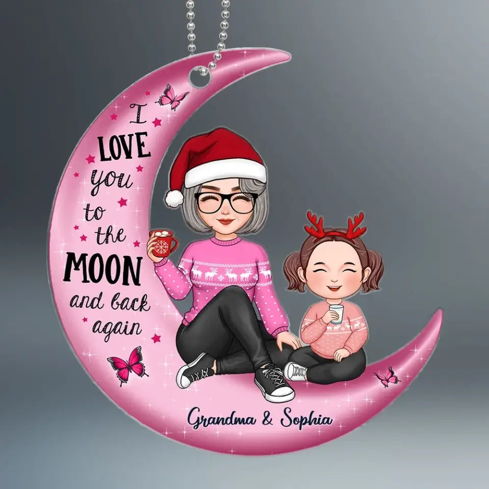 Cute Grandma Grandpa & Grandkid On Pink Moon Christmas Gift Personalized Acrylic Ornament