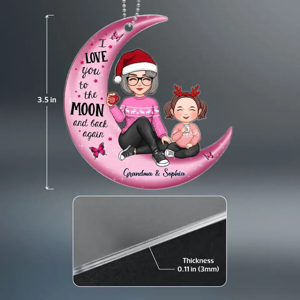 Cute Grandma Grandpa & Grandkid On Pink Moon Christmas Gift Personalized Acrylic Ornament