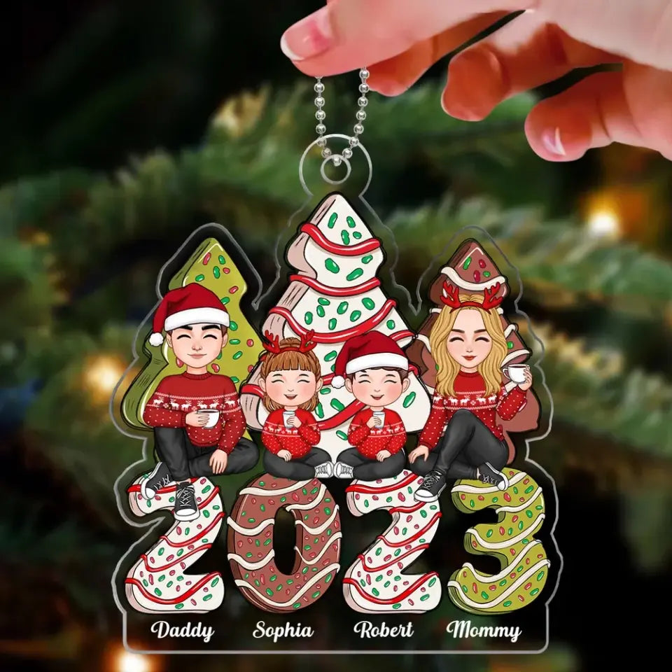 Cute Family Sitting Christmas Tree Cake Patterned Personalized Acrylic Ornament