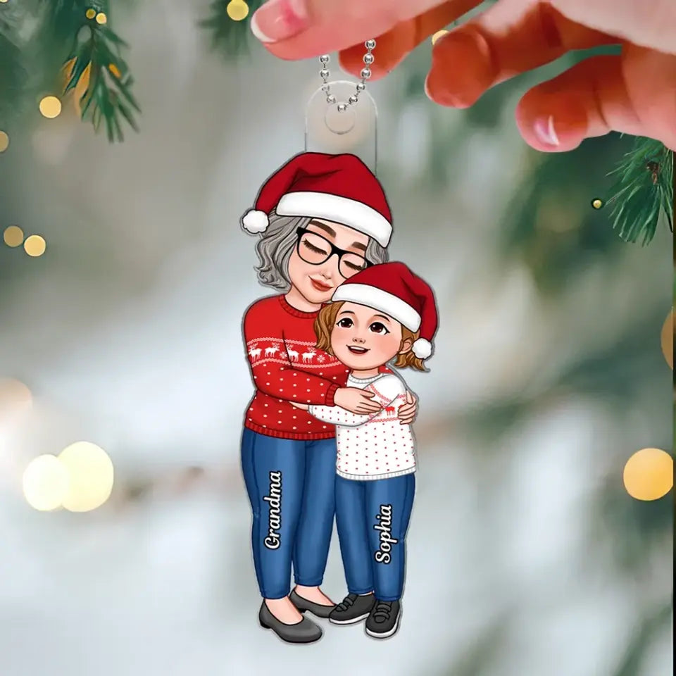 Grandma Grandkid Embracing Hugging Standing Christmas Gift Personalized Acrylic Ornament