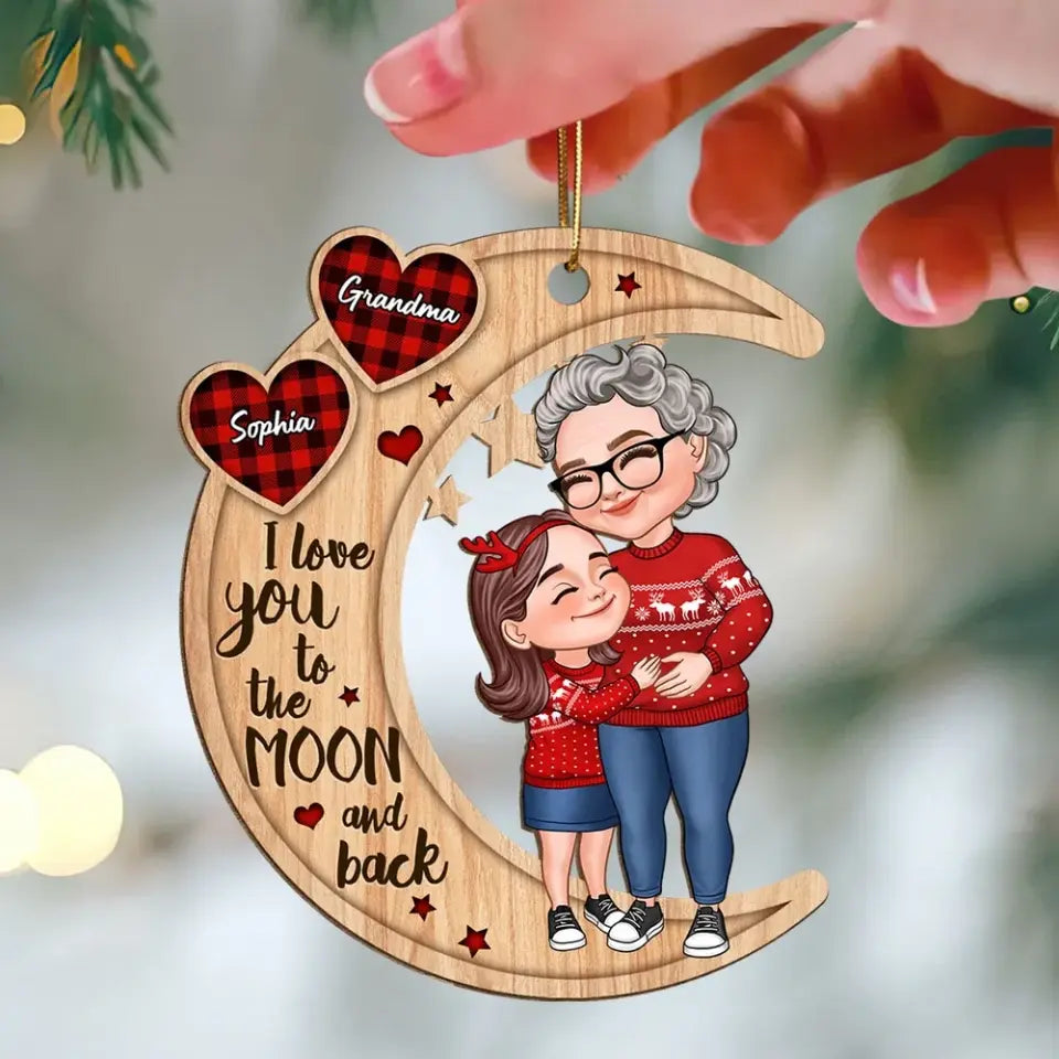 Checkered Pattern Heart Cartoon Grandma & Grandkid Hugging On Moon Personalized Wooden Ornament