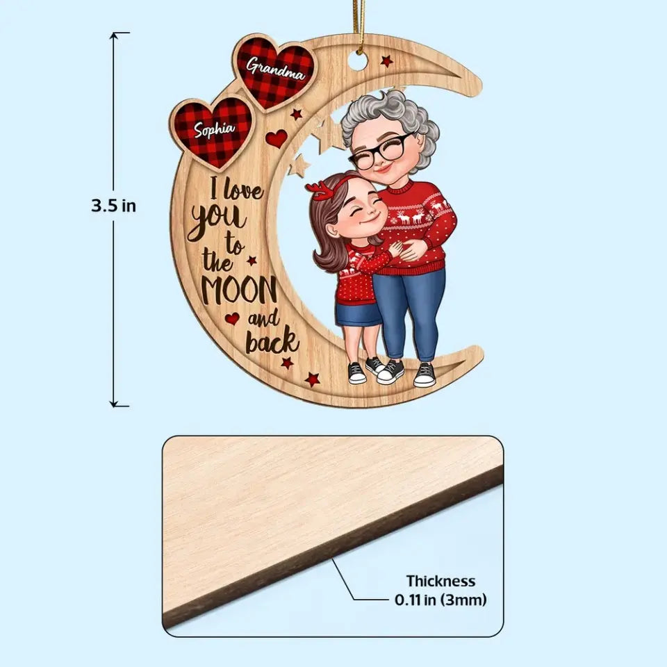 Checkered Pattern Heart Cartoon Grandma & Grandkid Hugging On Moon Personalized Wooden Ornament