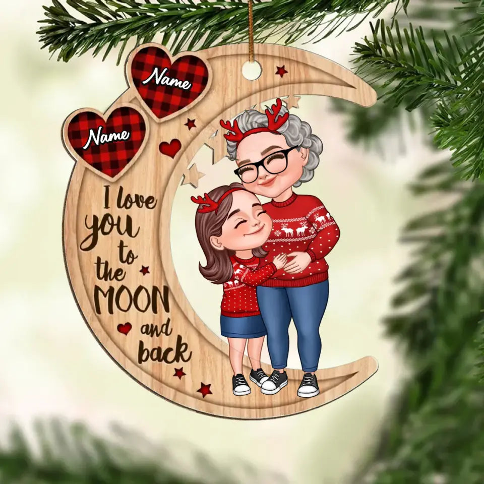 Checkered Pattern Heart Cartoon Grandma & Grandkid Hugging On Moon Personalized Wooden Ornament