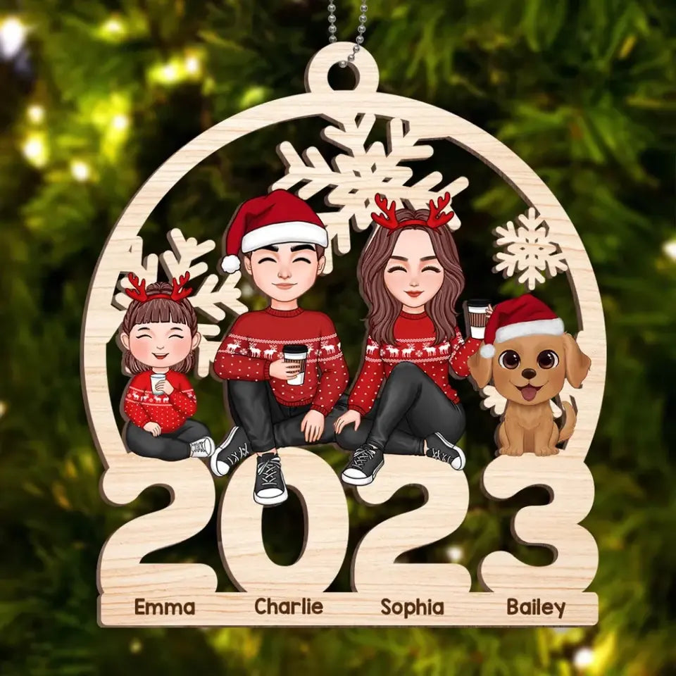 Cute Family Dad Mom Kid Dog Cat Sitting On 2023 Cut-through Personalized Wooden Ornament