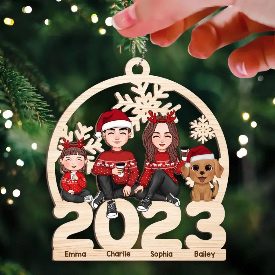 Cute Family Dad Mom Kid Dog Cat Sitting On 2023 Cut-through Personalized Wooden Ornament