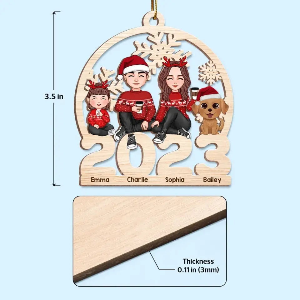 Cute Family Dad Mom Kid Dog Cat Sitting On 2023 Cut-through Personalized Wooden Ornament