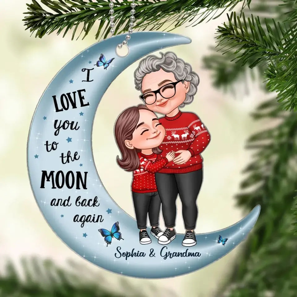 Cute Cartoon Grandma & Grandkid Hugging On Moon Christmas Gift Personalized Acrylic Ornament