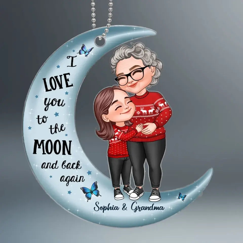 Cute Cartoon Grandma & Grandkid Hugging On Moon Christmas Gift Personalized Acrylic Ornament