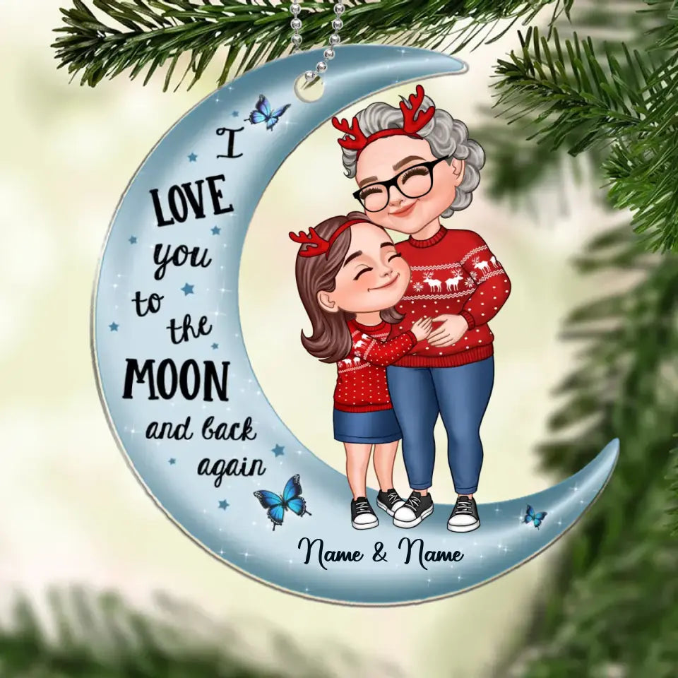 Cute Cartoon Grandma & Grandkid Hugging On Moon Christmas Gift Personalized Acrylic Ornament