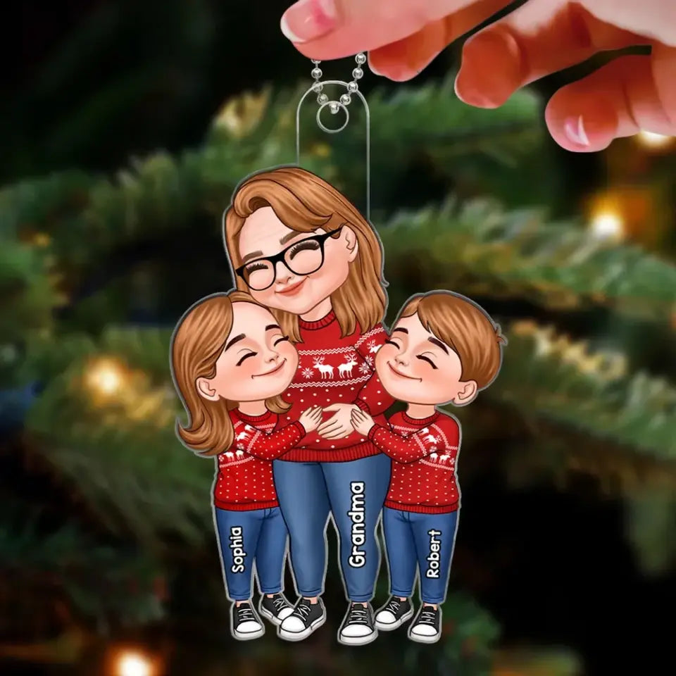 Cartoon Grandma & Grandkids Hugging Christmas Gift For Grandma Granddaughter Grandson Personalized Acrylic Ornament