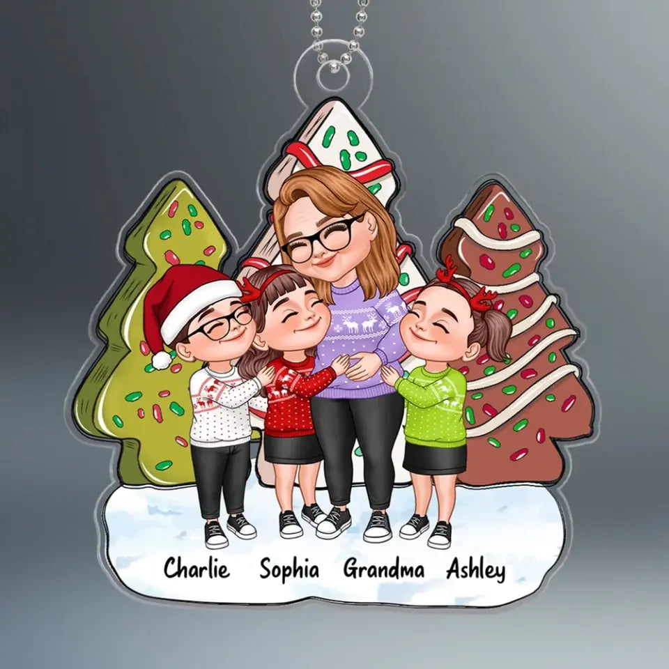 Christmas Tree Cake Patterned Cartoon Grandma & Grandkids Hugging Personalized Acrylic Ornament