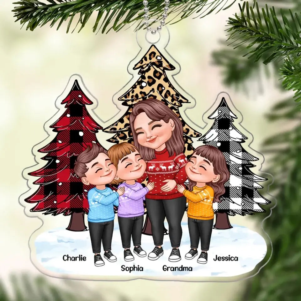 Leopard Checkered Pattern Christmas Tree Cartoon Grandma & Grandkids Hugging Personalized Acrylic Ornament