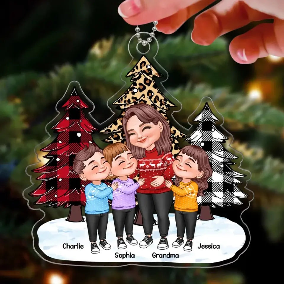 Leopard Checkered Pattern Christmas Tree Cartoon Grandma & Grandkids Hugging Personalized Acrylic Ornament