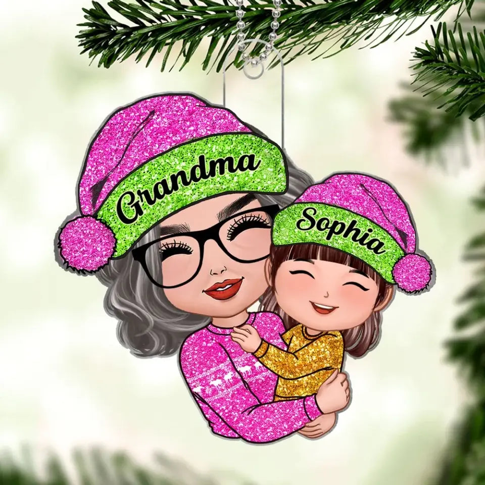 Grandma Hugging Grandkids Pink Sparkling Pattern Personalized Acrylic Ornament