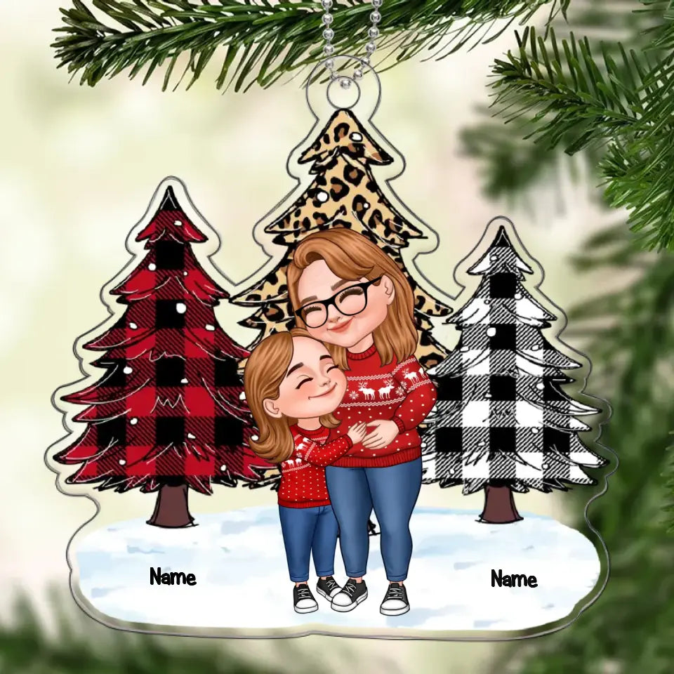 Leopard Checkered Pattern Christmas Tree Cartoon Grandma & Grandkids Hugging Personalized Acrylic Ornament