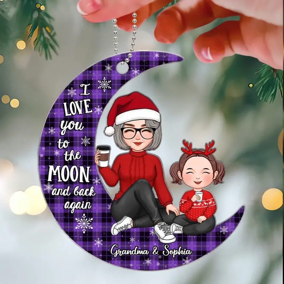 Checkered Pattern Cute Grandma Grandpa & Grandkid On Moon Christmas Gift Personalized Acrylic Ornament