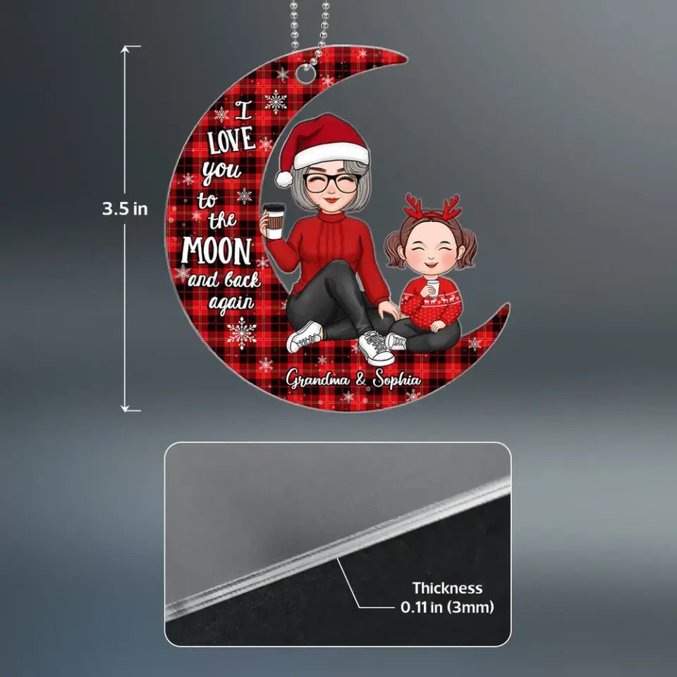 Checkered Pattern Cute Grandma Grandpa & Grandkid On Moon Christmas Gift Personalized Acrylic Ornament