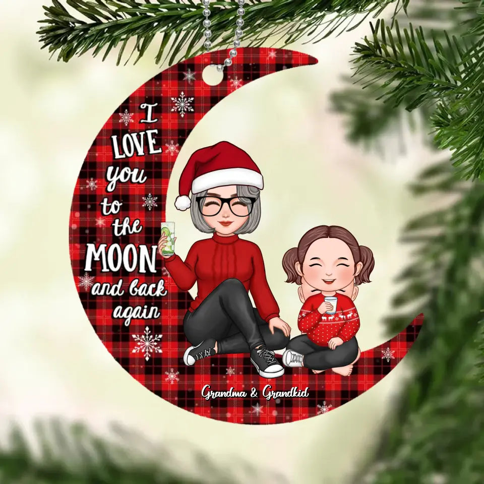 Checkered Pattern Cute Grandma Grandpa & Grandkid On Moon Christmas Gift Personalized Acrylic Ornament