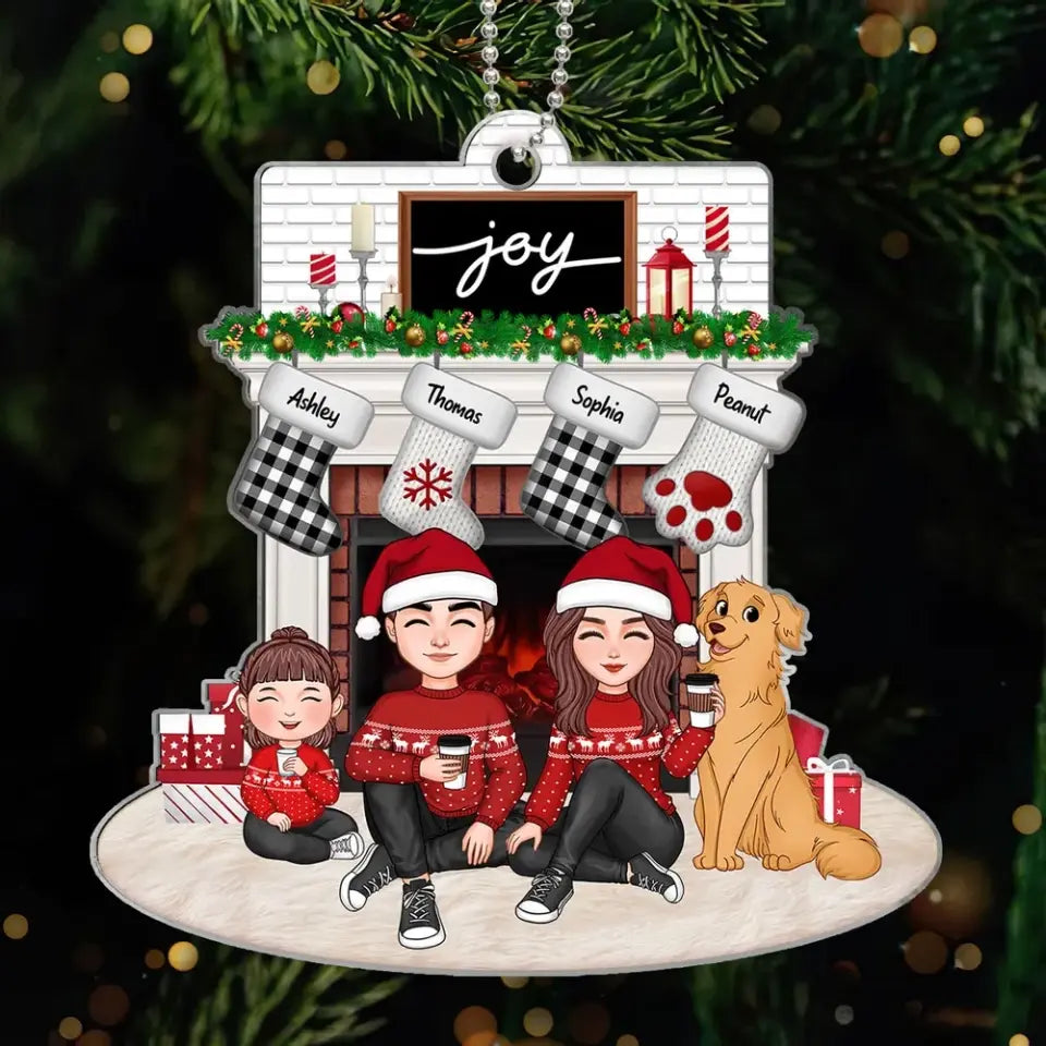 Cute Family Dad Mom Kids Dogs Cats Sitting At Christmas Fireplace Personalized Acrylic Ornament