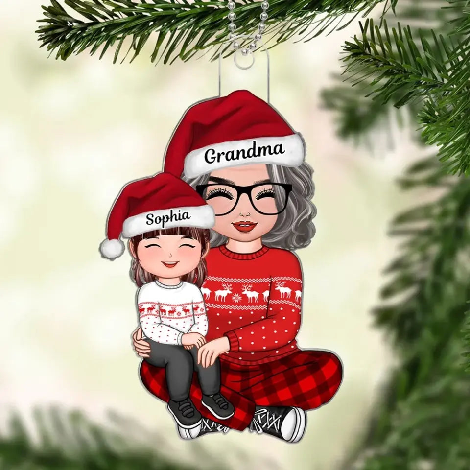 Happy Face Doll Grandkid Sitting On Grandma Lap Christmas Gift For Granddaughter Grandson Personalized Acrylic Ornament