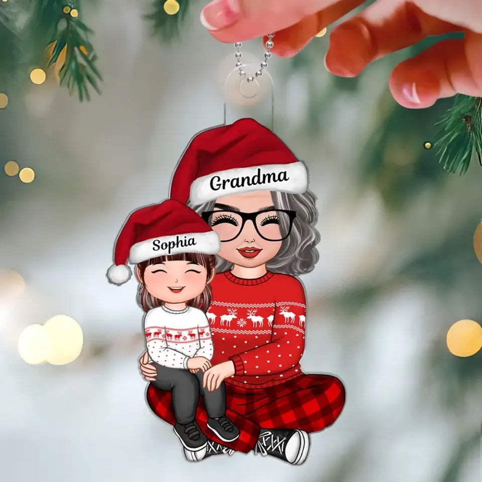 Happy Face Doll Grandkid Sitting On Grandma Lap Christmas Gift For Granddaughter Grandson Personalized Acrylic Ornament