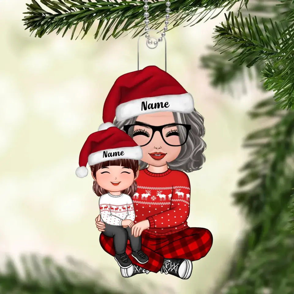 Happy Face Doll Grandkid Sitting On Grandma Lap Christmas Gift For Granddaughter Grandson Personalized Acrylic Ornament