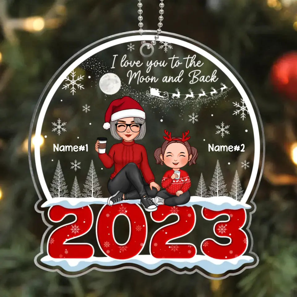 Cute Grandma Grandkids Sitting On Snow 2023 Moon Christmas Sleigh Personalized Acrylic Ornament