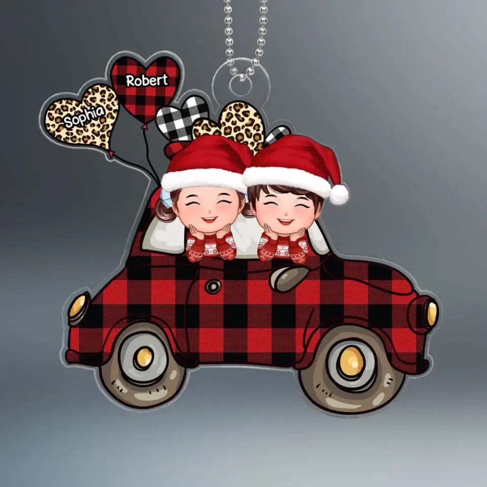 Happy Kids On Cartoon Christmas Car Gift For Grandson Granddaughter Personalized Acrylic Ornament