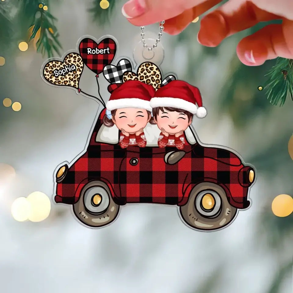 Happy Kids On Cartoon Christmas Car Gift For Grandson Granddaughter Personalized Acrylic Ornament