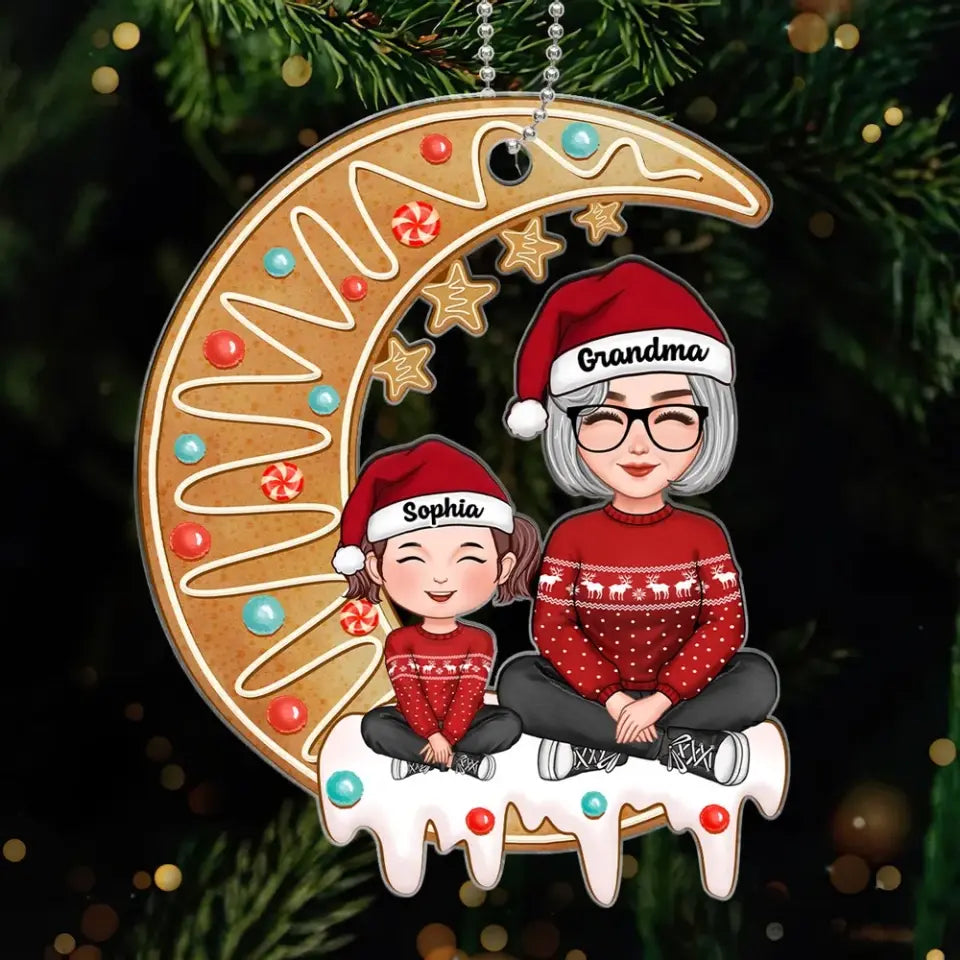 Gingerbread Moon Grandma Sitting With Grandkid Personalized Acrylic Ornament