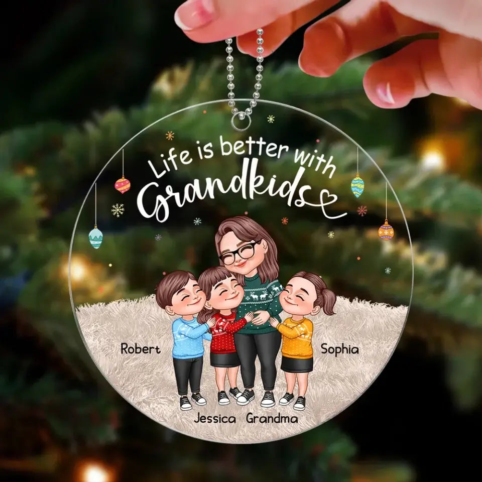 My Grandkids Cartoon Grandma & Grandkids Hugging Personalized Acrylic Ornament