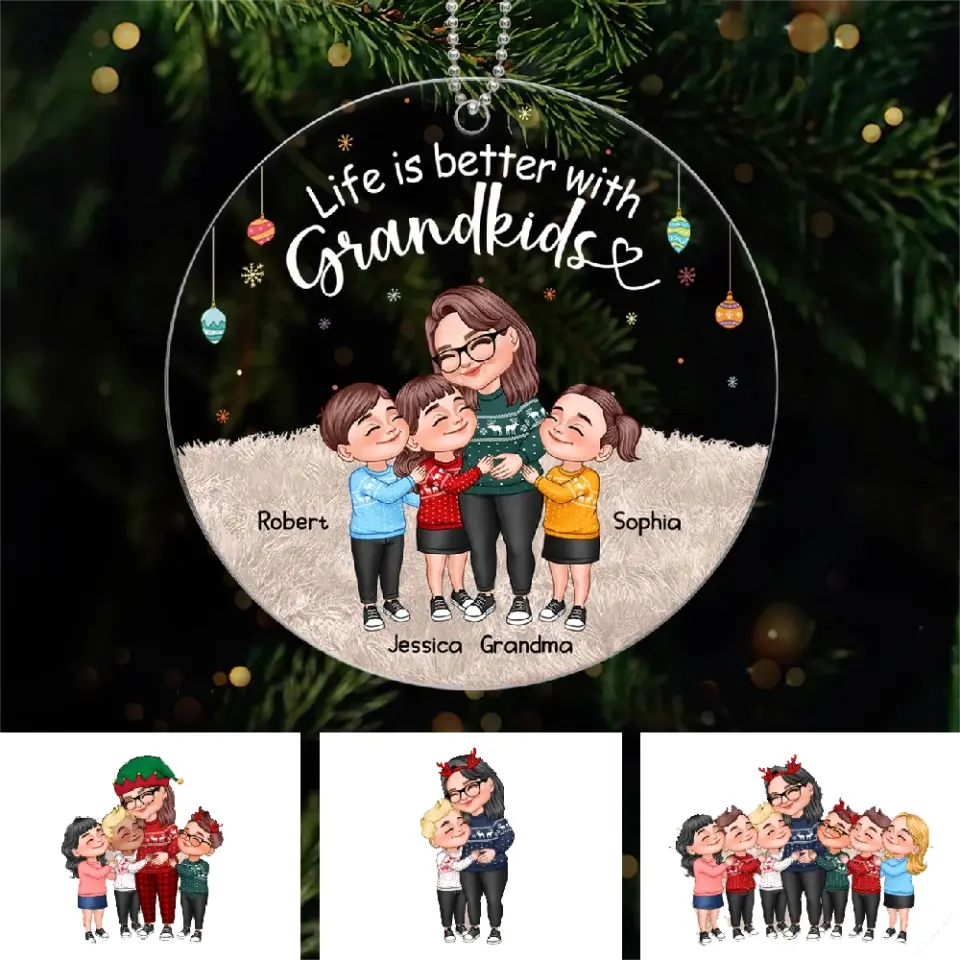 My Grandkids Cartoon Grandma & Grandkids Hugging Personalized Acrylic Ornament