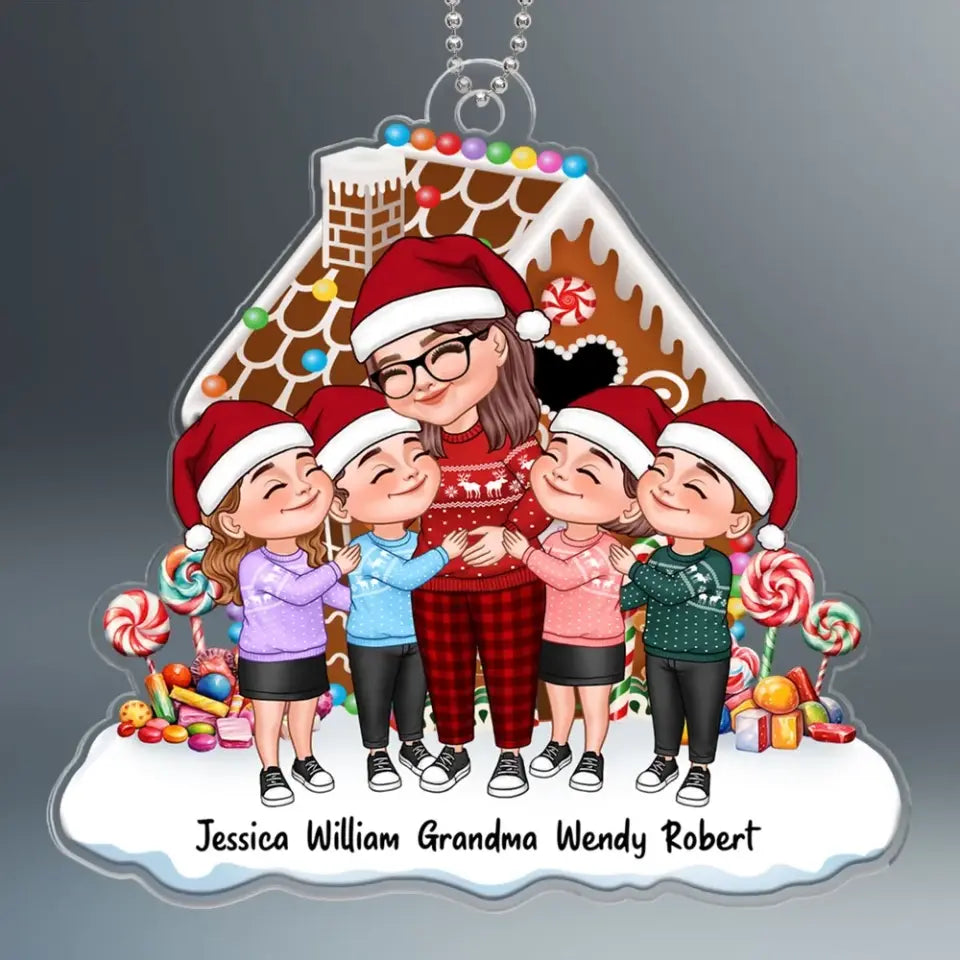 Cartoon Grandma & Grandkids Hugging Gingerbread House Personalized Acrylic Ornament