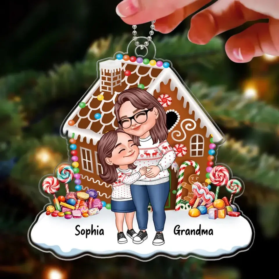 Cartoon Grandma & Grandkids Hugging Gingerbread House Personalized Acrylic Ornament