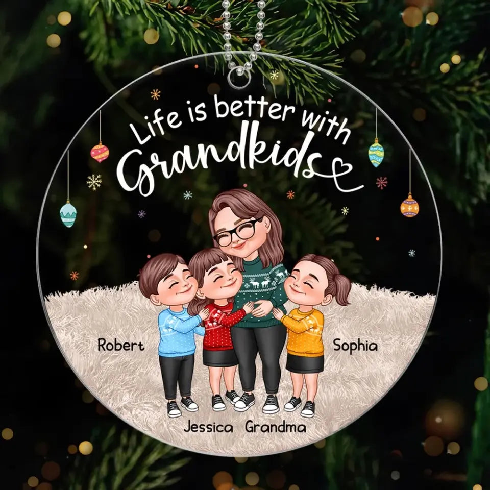 My Grandkids Cartoon Grandma & Grandkids Hugging Personalized Acrylic Ornament