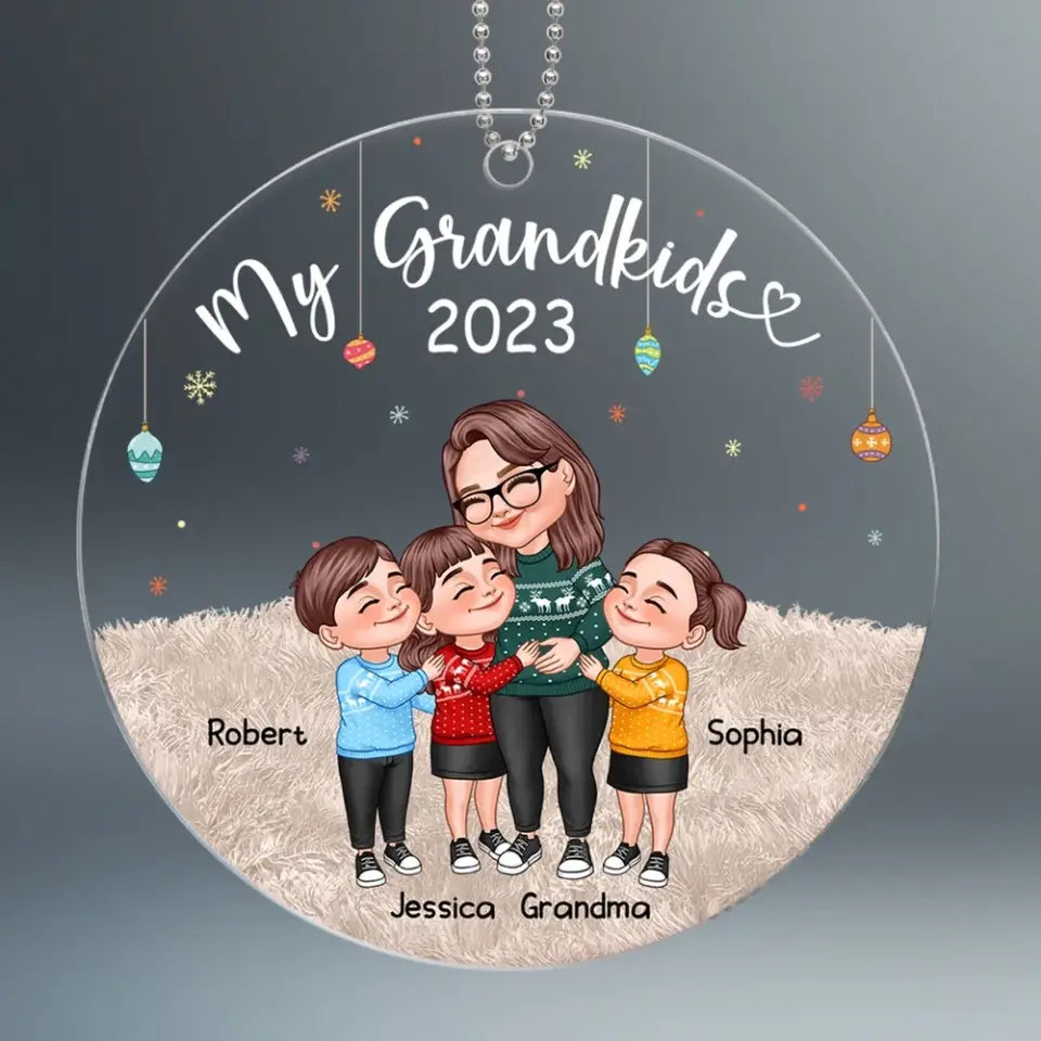 My Grandkids Cartoon Grandma & Grandkids Hugging Personalized Acrylic Ornament