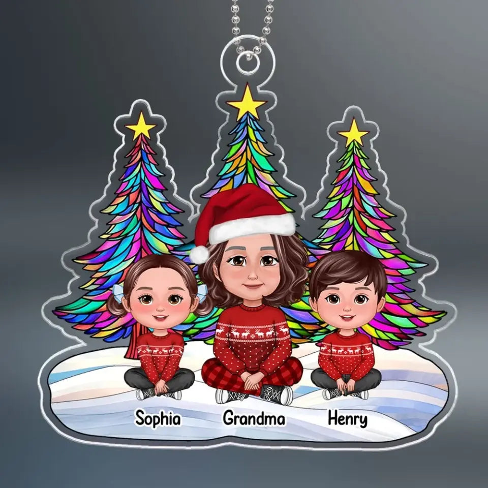 Grandma Grankids Crossed Legs Stained Glass Christmas Tree Personalized Acrylic Ornament