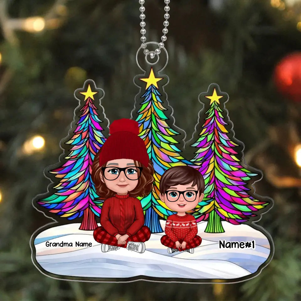 Grandma Grankids Crossed Legs Stained Glass Christmas Tree Personalized Acrylic Ornament