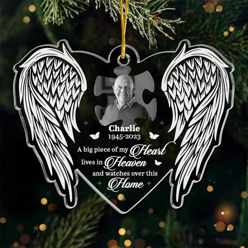 Custom Photo A Big Piece Of My Heart Lives In Heaven - Memorial Personalized Custom Ornament - Acrylic Custom Shaped - Christmas Gift, Sympathy Gift For Family Members