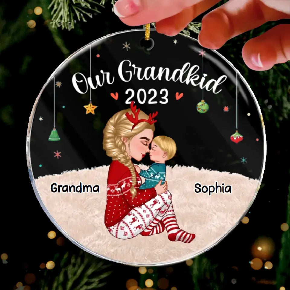 Grandma Mom Holding Kid Side View Personalized Acrylic Ornament- Acrylic Round Shaped - Christmas Gift For Family