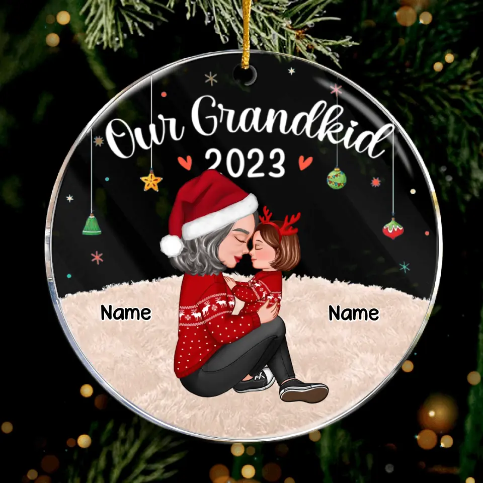 Grandma Mom Holding Kid Side View Personalized Acrylic Ornament- Acrylic Round Shaped - Christmas Gift For Family