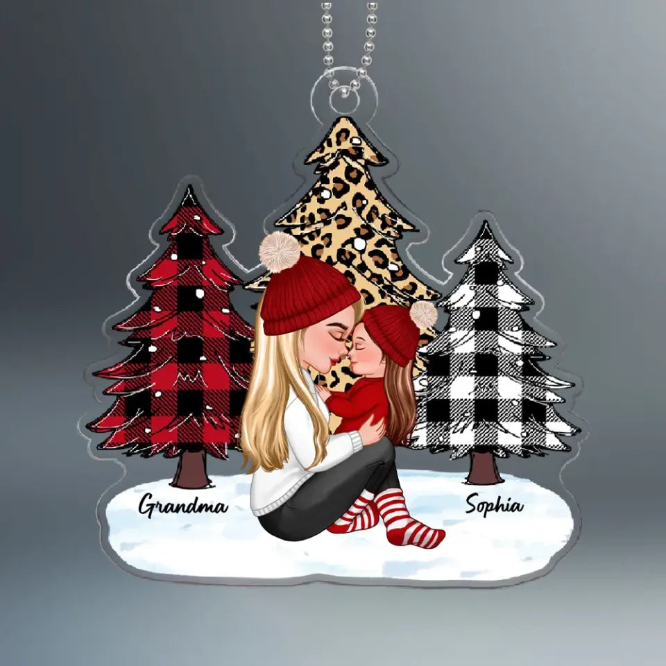 Leopard Checkered Pattern Christmas Tree Grandma Mom Holding Kid Side View Personalized Acrylic Ornament